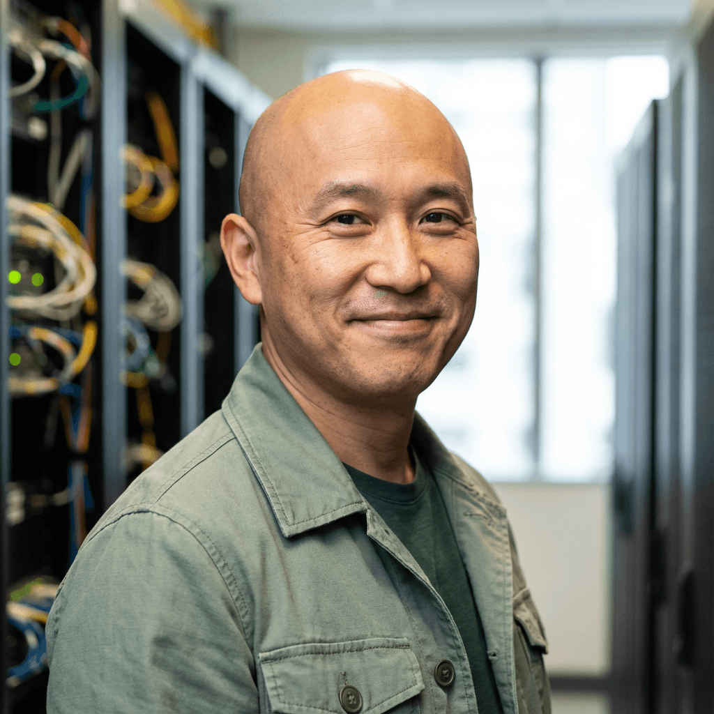 Middle-aged Asian man smiling in a clinic waiting area