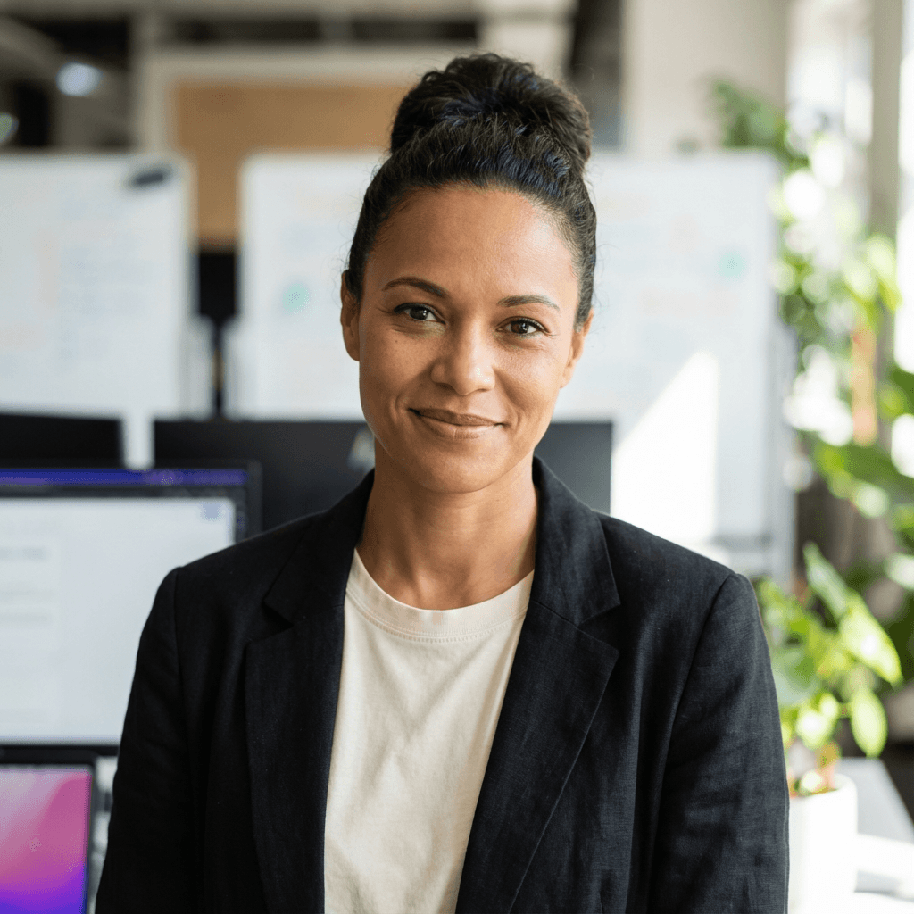Woman smiling in a bright medical office