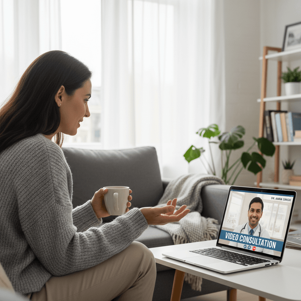 Woman on a video call with her doctor from home