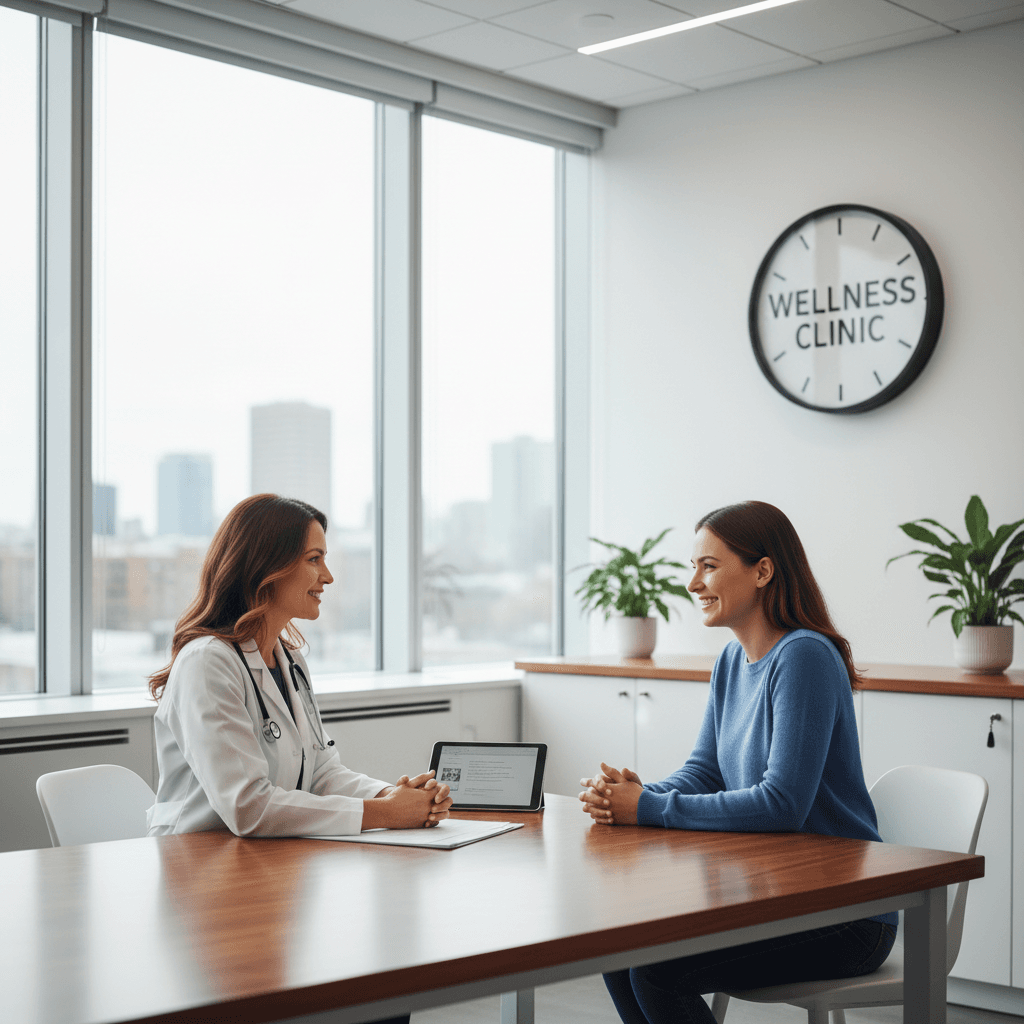 Doctor talking with a patient in a bright exam room