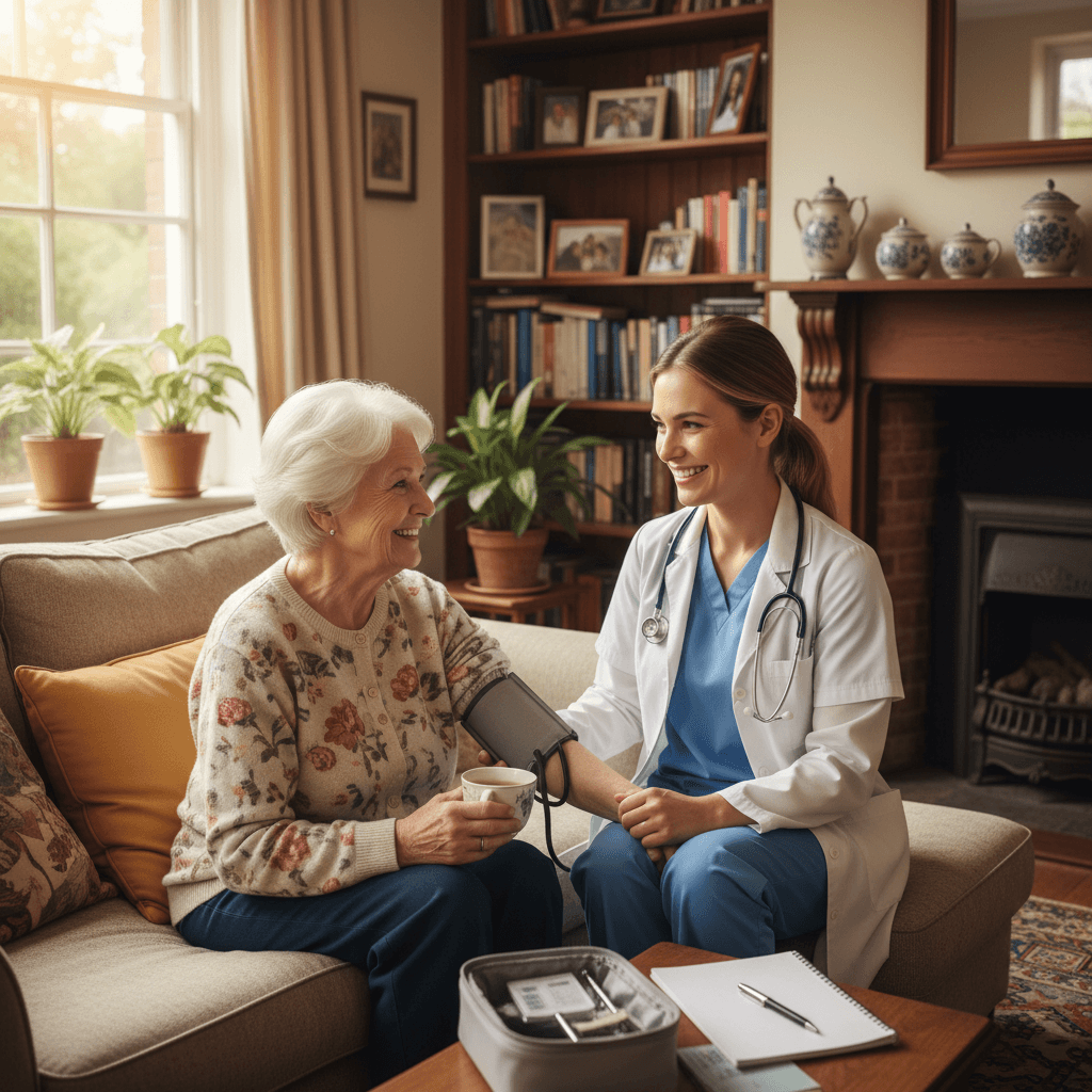 Nurse visiting an elderly patient in her living room