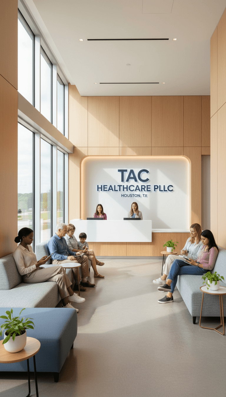 Welcoming medical clinic reception with diverse people and TAC Healthcare signage.