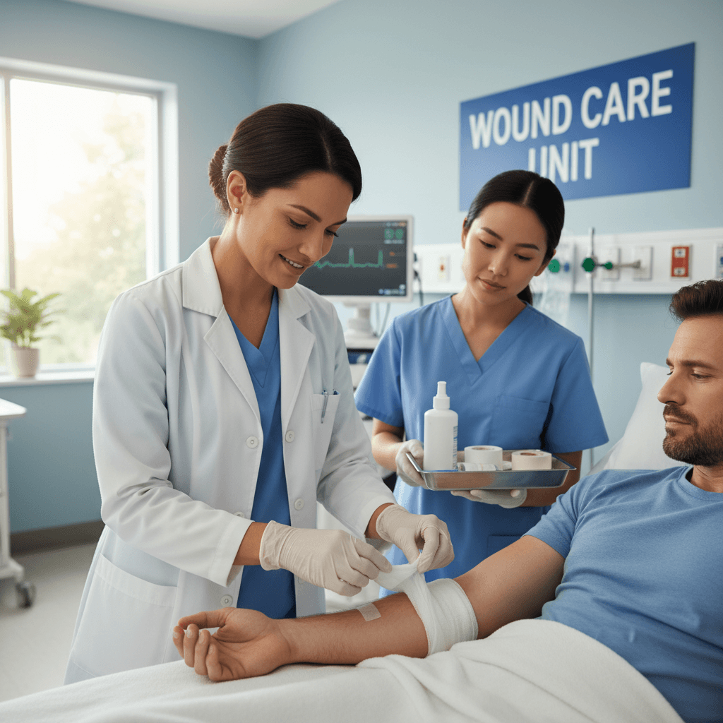 Nurse examining a patient's wound dressing