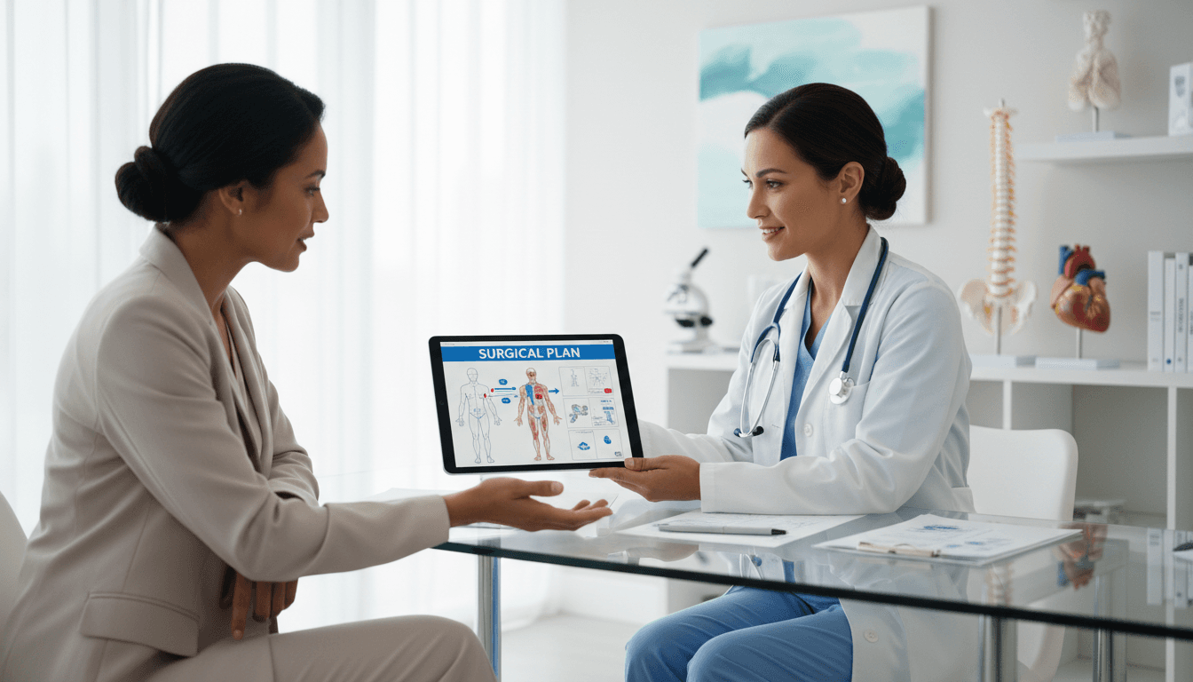Doctor talking with a patient about their treatment plan in a clean medical office